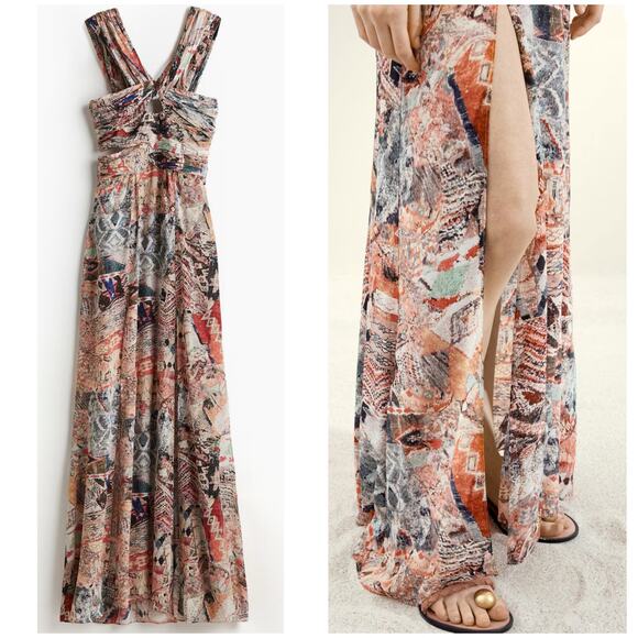 NWT H&M Studio Women's Beige Draped Patterned Maxi Side‎ Slit Dress Size Medium - Picture 1 of 9